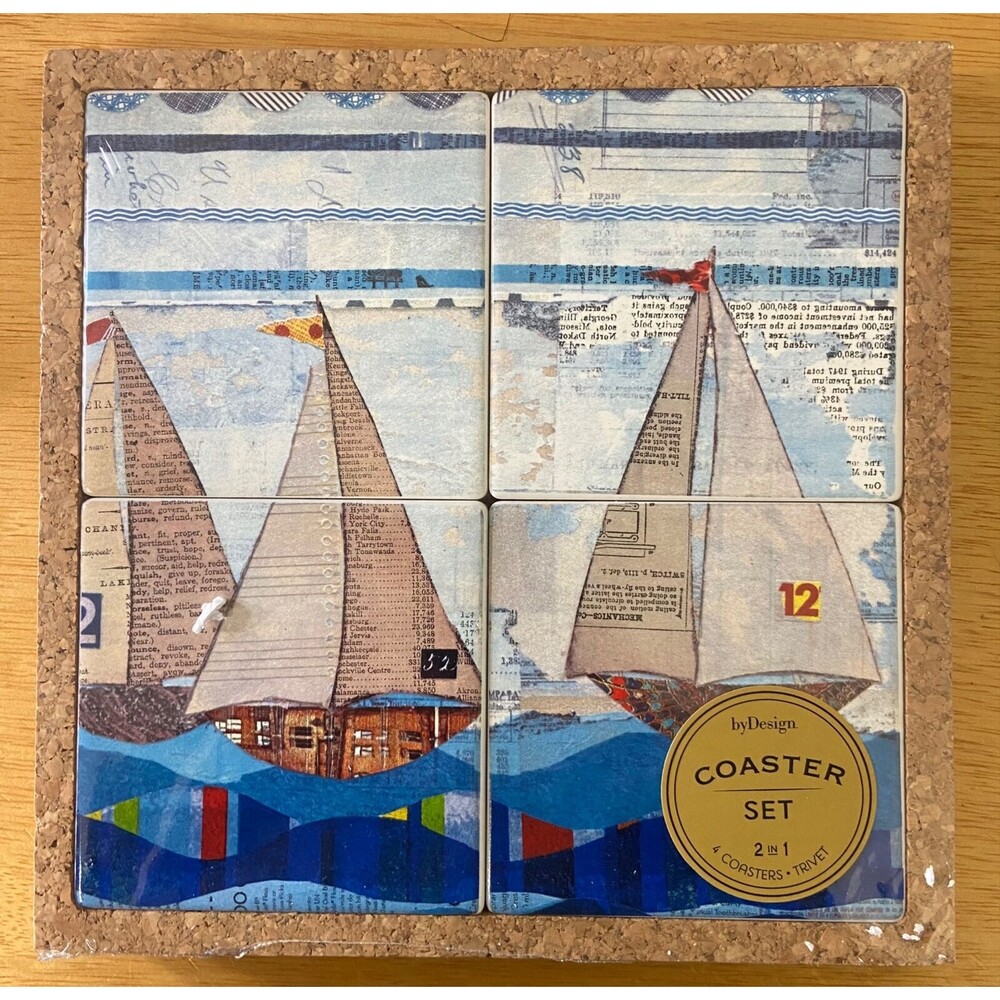 Demdaco New Coaster and Trivet Set 4 Coaster in Cork Base Sealed Sailboat